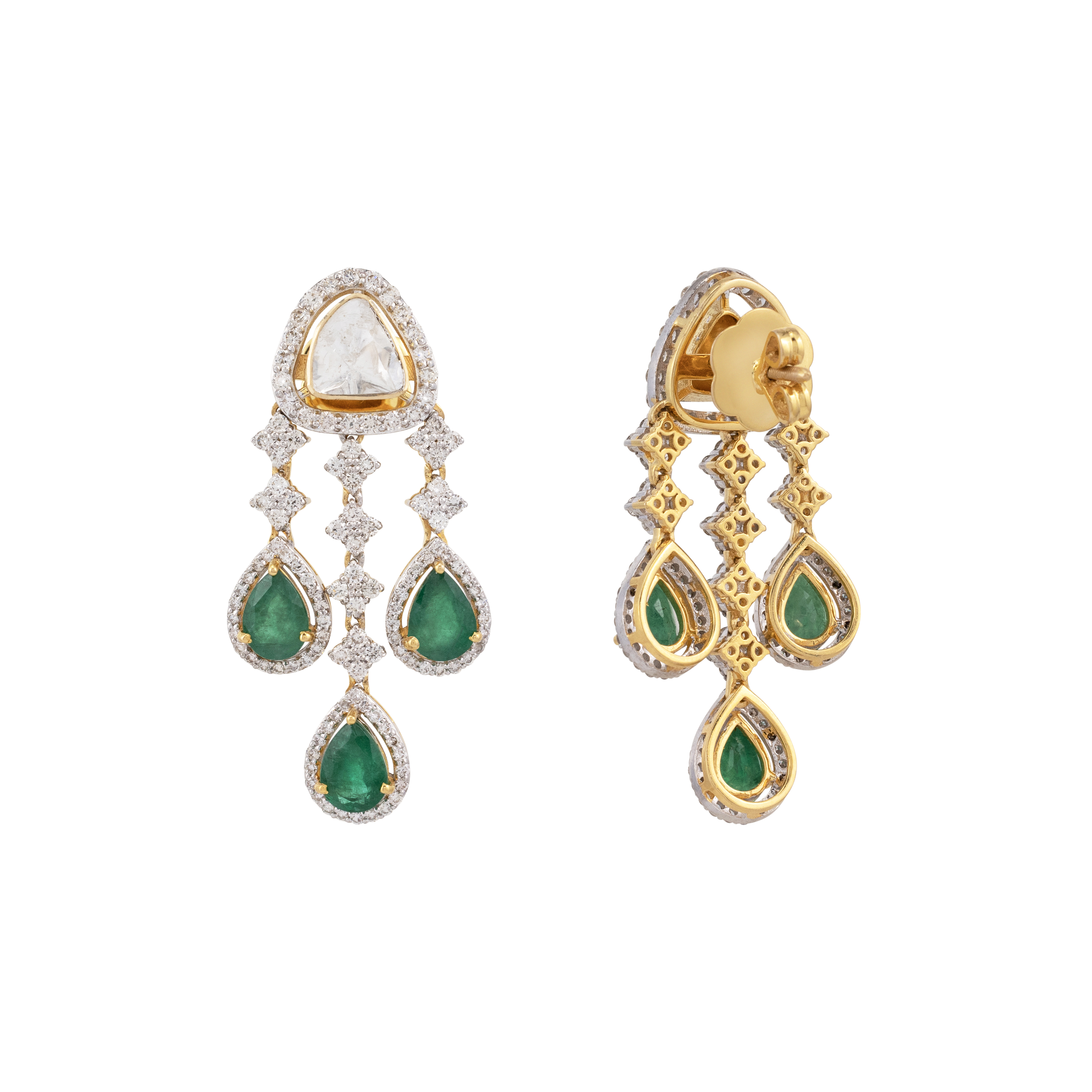 Polki and Zambian Emerald Drop Earrings with Diamond Accents